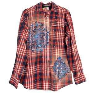 Handmade Floral Flannel Shirt Unisex Size Medium Red Bleached Plaid Button Down